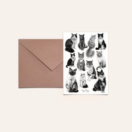 Postcard featuring a black and white illustration of various cat faces. The postcard is part of the "Cat Crew" collection and is suitable for sending as a greeting card or for display.