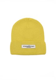  Lemon yellow merino wool beanie for kids, available in sizes for 1-5 years and 6 years and older.