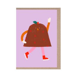  A festive Christmas pudding character with a holly sprig, wearing a red outfit and standing against a light purple background.