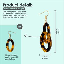 MATTISE Acetate Earrings Pendant — Handmade, Sustainable, Light weight & Unique — Tortoise Brown Black 20x67mm — Perfect Pair Hoops