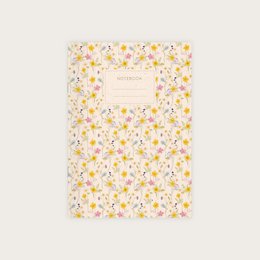 A5 notebook with a floral and butterfly pattern in blue and white. The notebook has a variety of page styles including blank, grid, lined, and dotted.