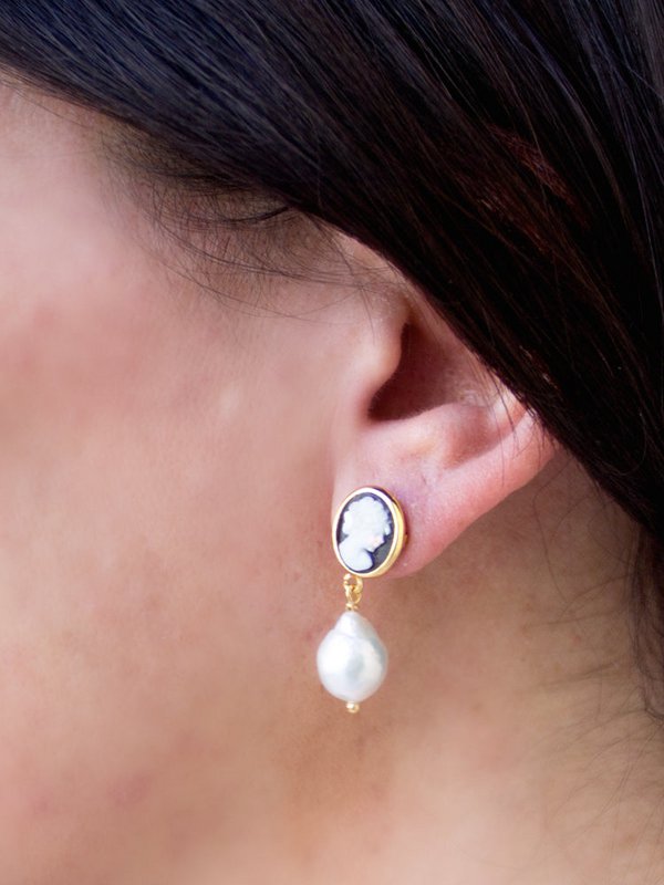 Black Mini Cameo And Pearl Earrings