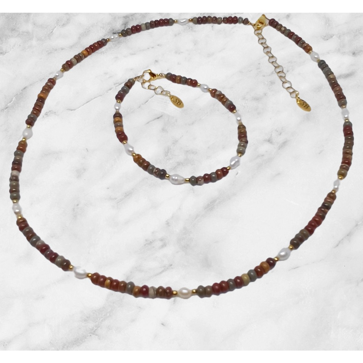 Necklace gemstone roundel with freshwater pearls
