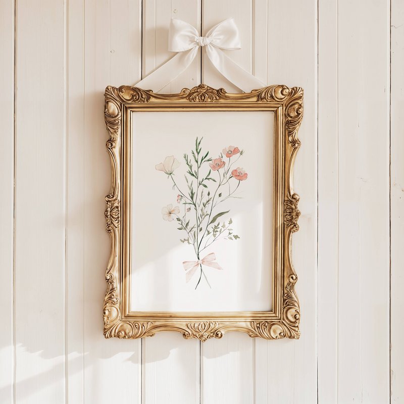 Errötende Frühlingsblumen mit Bug, rosa Wildblumenplakat, Wildblumen -Bouquet -Druck, Blumendruck, botanisches Plakat, Blumenplakat, Blumendruck, Wildblumenplakat, Blumen -Kindergarten -Plakat, Pfirsichblumen