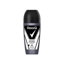  Black and white roll-on deodorant bottle, cylindrical shape, Rexona brand, invisible antiperspirant protection