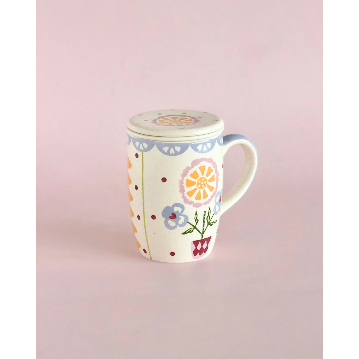 Tasse en céramique peinte à la main avec infuseur et couvercle - Motif floral, 385 ml