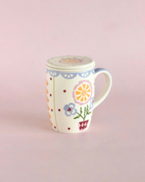 Tasse en céramique peinte à la main avec infuseur et couvercle - Motif floral, 385 ml