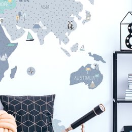 Etiqueta de la pared | Mapa mundial azul