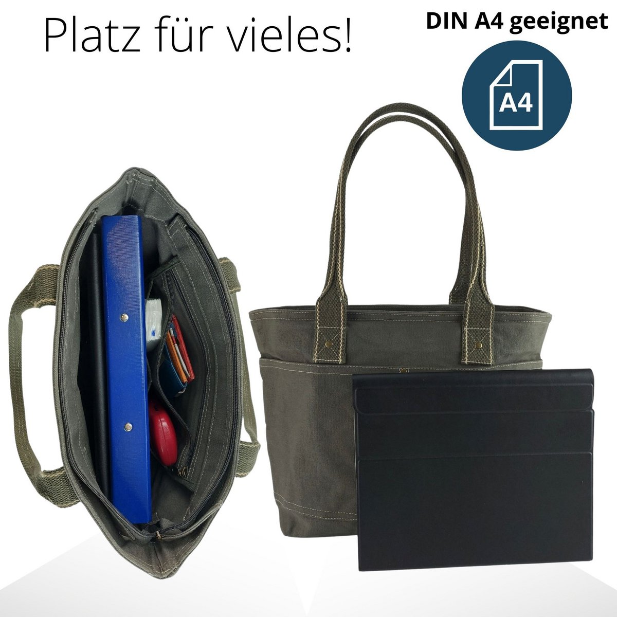Domelo Damen gewachste Canvas Shopper. Wasserabweisende Handtasche.  Vegane Schultertasche . Einfarbig Damentasche A4 geeignet