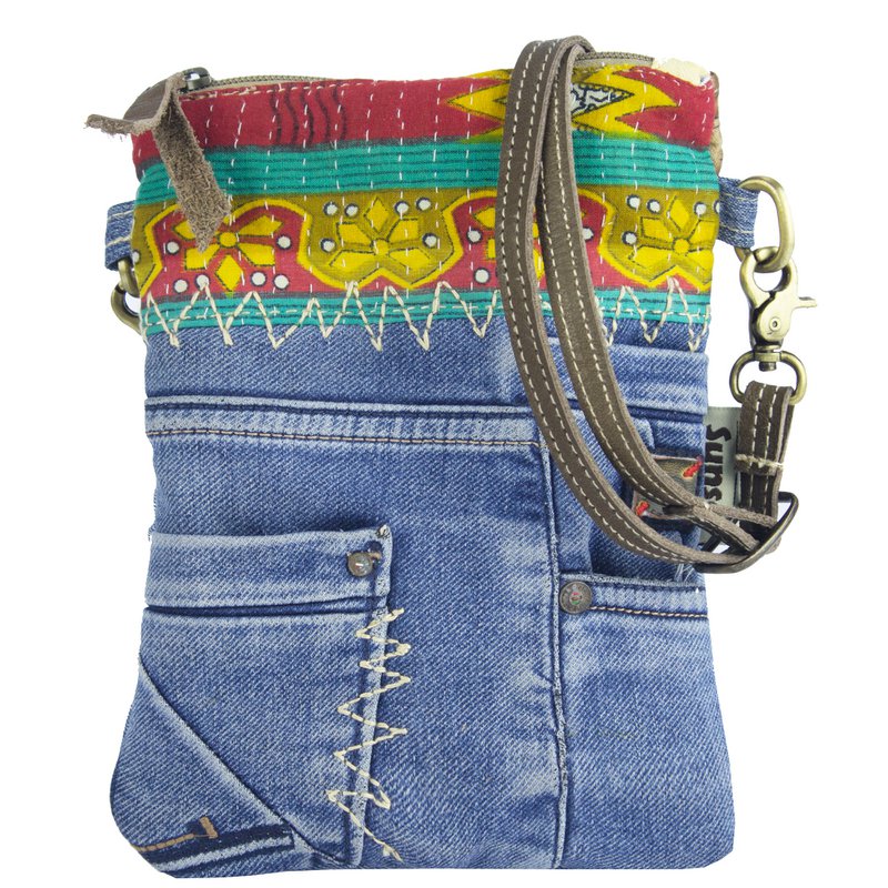 Sunsa lille bæredygtig skuldertaske til kvinder. Skuldertaske lavet af genbrugte jeans & canvas (canvas). Håndtaske vintage retro stil. Crossbody taske til kvinder.
