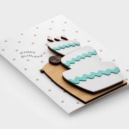  3D wooden birthday cake card, handmade greeting, turquoise white layers, candles, polka dots