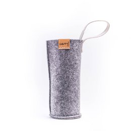 A gray felt protective cover for a 0.7 liter travel bottle, with a leather tag that says "Loft".
The image shows a gray felt protective sleeve or cover for a travel bottle. The sleeve has a leather tag attached that says "Loft". The sleeve appears to be designed to protect and insulate a 0.7 liter travel bottle or container.