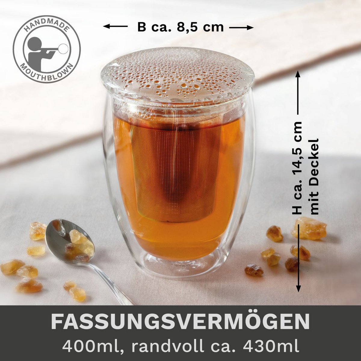 Creano Doppelwand-Teeglas mit Filter und Deckel 400ml