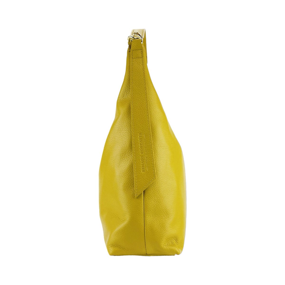 RB1017AR | Soft women's shoulder bag in genuine leather Made in Italy with single handle and removable shoulder strap. Attachments with shiny gold metal snap hooks - Mustard color - Dimensions: 36 x 40 x 13 cm