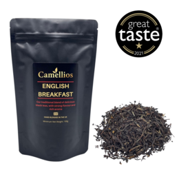 English Breakfast loose leaf tea, 100g. Dark, full-bodied black tea blend with a robust, aromatic flavor. Suitable for multiple steepings.