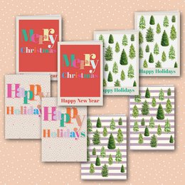 Set of 8 Christmas cards featuring green Christmas trees and festive text on a red and white striped background. The cards include greetings for the holiday season.