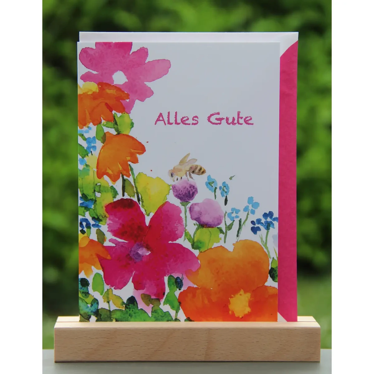 Watercolor card | Little bee & summer flowers | All the best