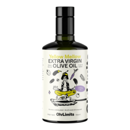 Extra virgin olive oil in a green glass bottle with a label featuring a graphic design of olive branches.