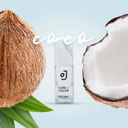 Coconut-based nail polish in a light blue bottle with a green leaf accent.