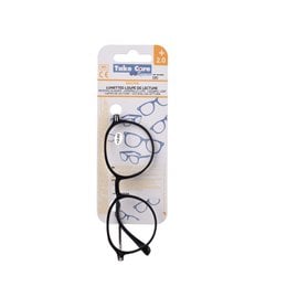 Black round reading glasses with +2.0 magnification.
