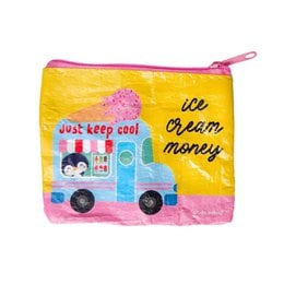 A small, colorful wallet made from recycled plastic, featuring an ice cream truck design with the text "Just keep cool" and "Ice cream money".