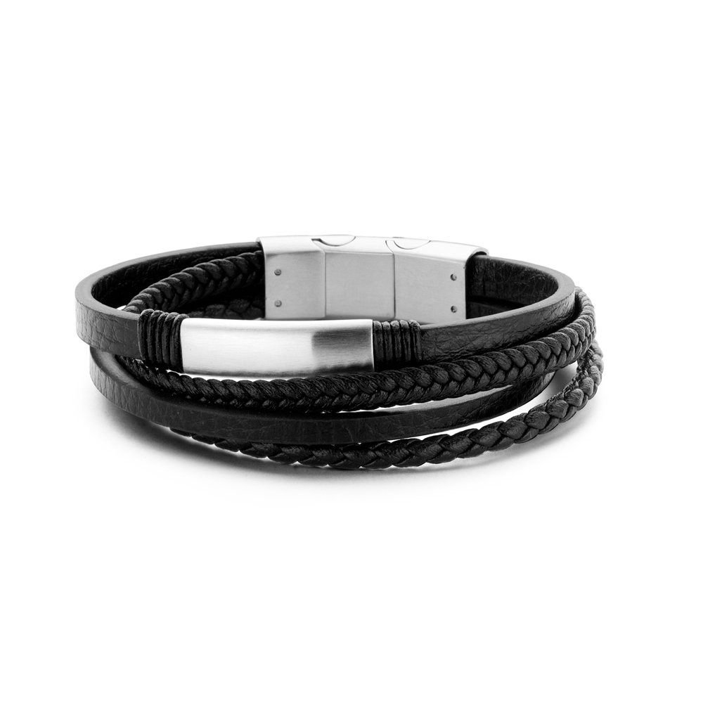Frank 1967 7FB-0226 - Herrearmbånd med stålelementer - flettet læder - længde 20 + 1 cm - sort