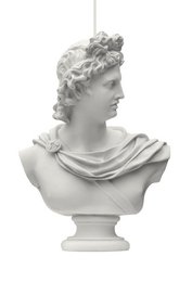 A white marble bust sculpture depicting a classical figure with a wreath of flowers on their head, wearing a draped robe.