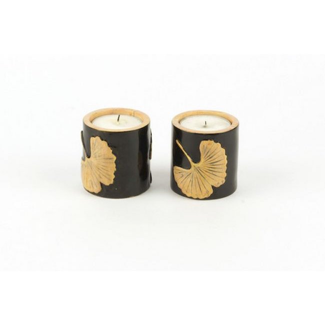 Set of 2 small gingko candlesticks in stone
