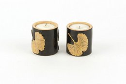 Set of 2 small gingko candlesticks in stone