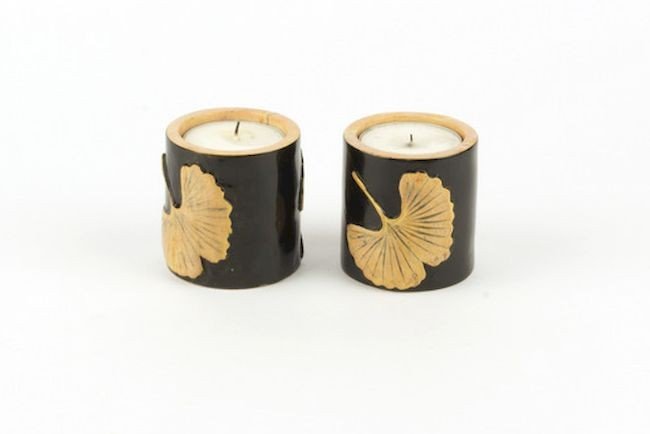 Set of 2 small gingko candlesticks in stone