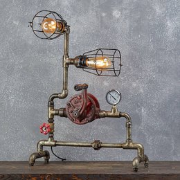 "Industrial-style wall light with two adjustable lamps and a vintage pressure gauge, creating a unique and functional lighting fixture."