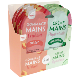 Exfoliating hand cream with peach and cucumber scents, suitable for all skin types.