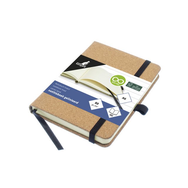 Notebook Kangaro A6 kork linje HC 96 ark 80 gram roomwi med elastik, bånd og penneløkke