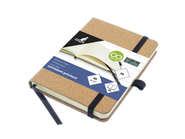 Notebook Kangaro A6 kork linje HC 96 ark 80 gram roomwi med elastik, bånd og penneløkke
