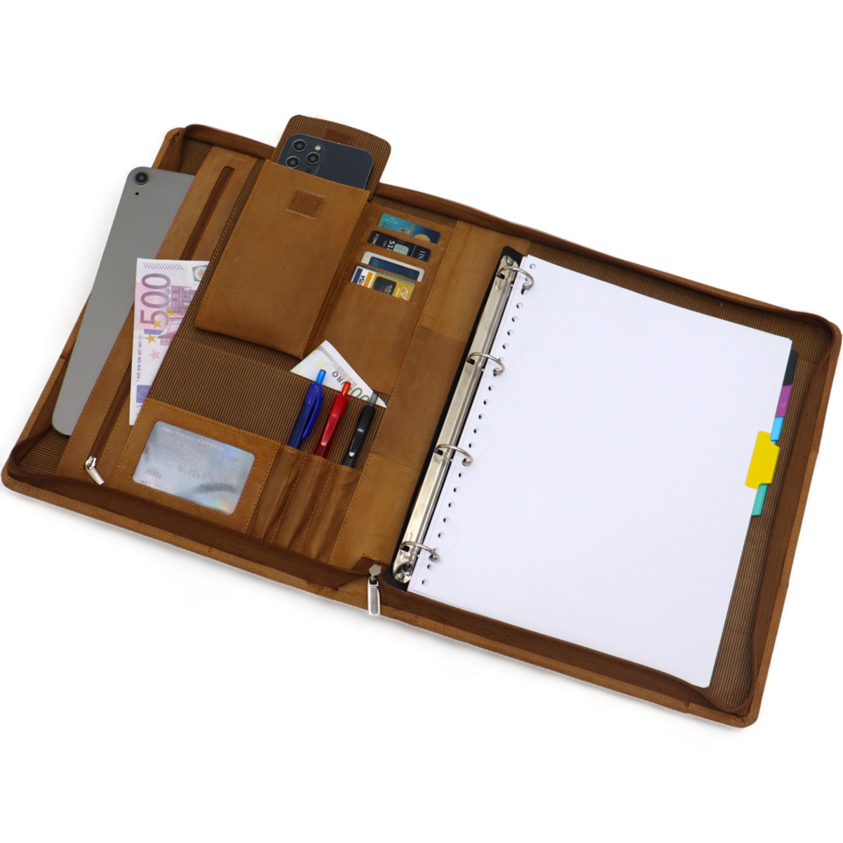 Leather Writing Case A4 - Conference Folder - Document Folder A4 - Tablet Sleeve & Laptop Sleeve - Removable Ring Binder
