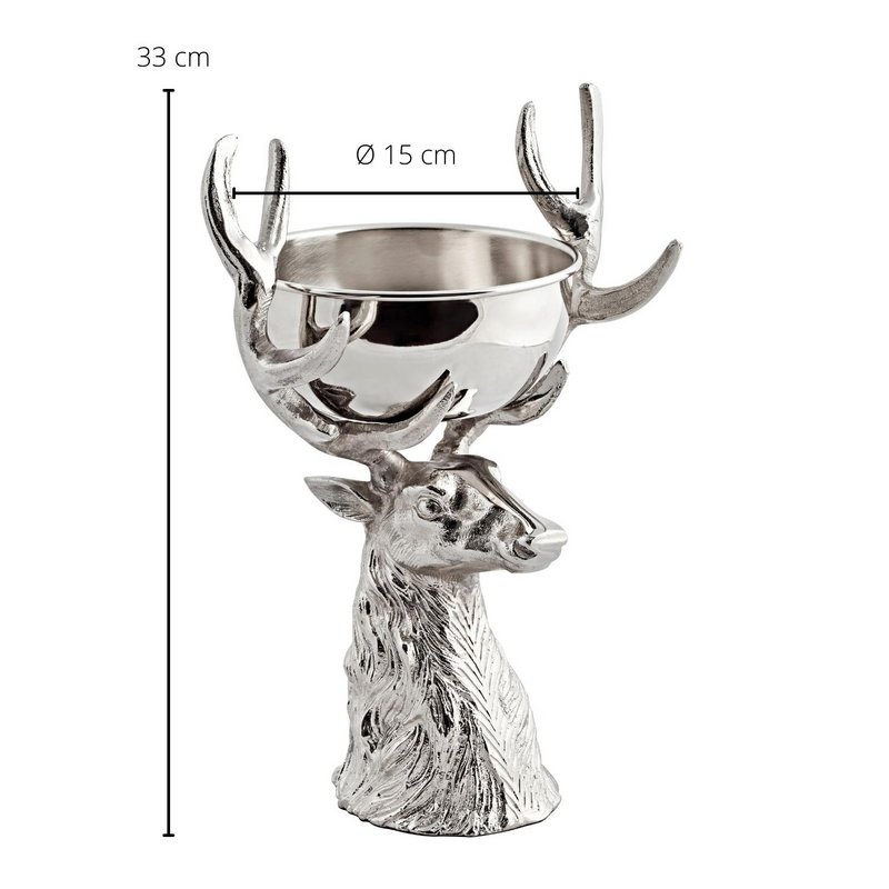 EDZARD Hjortehoved med skål Richard, forniklet aluminium, sølvfarvet, højde 33 cm. Skål lavet af rustfrit stål