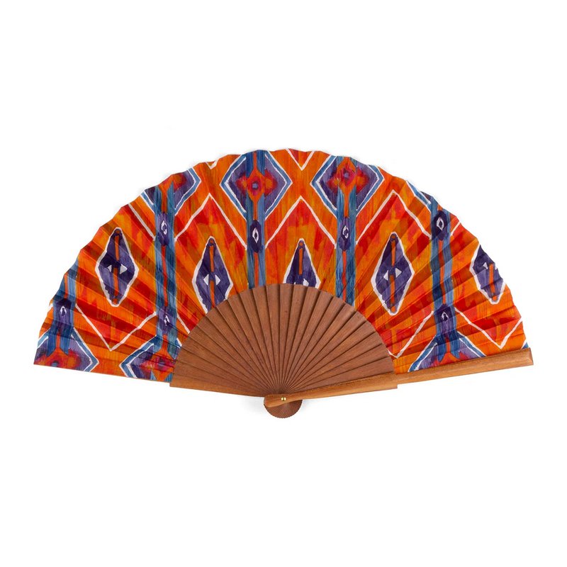 Orange und blau Seidenhandlüfter mit Bocapi Holz und Ikat -Druck