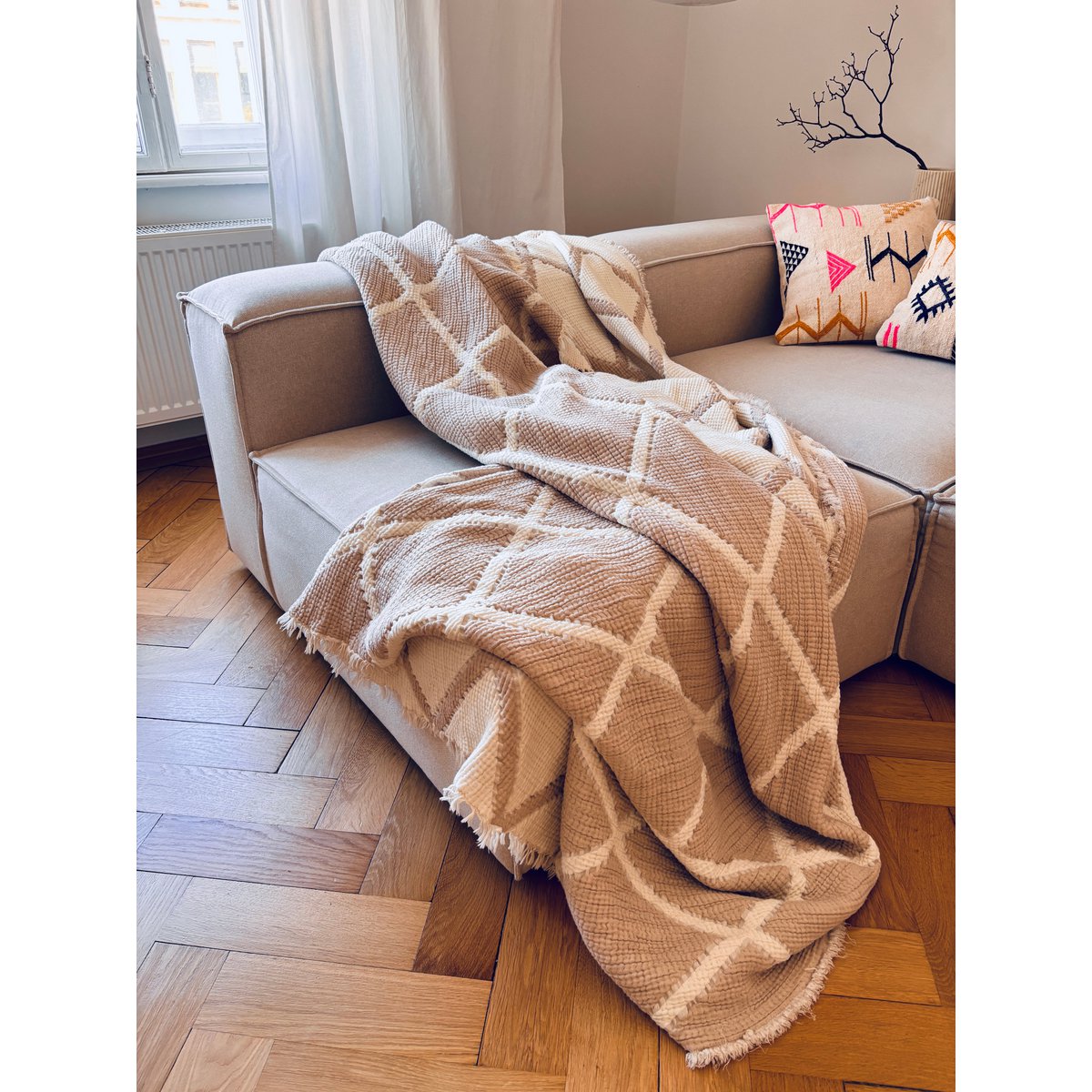 MARA Musselin Decke - Beige-Weiß- 2,20 x 2,50 m