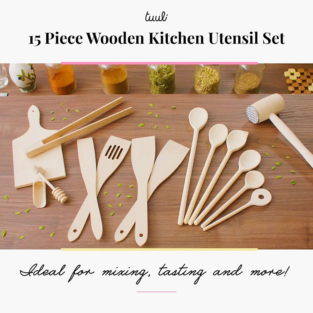15 Piece Wooden Kitchen Utensil Set (Cooking Spoons, Turners, Honey Spoon, BBQ Tongs, Cutting Board, Meat Hammer, Spice Spoon)