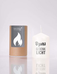White pillar candle with flame design, "Grandpa's Memory" text, 18 hour burn time, 6cm diameter.