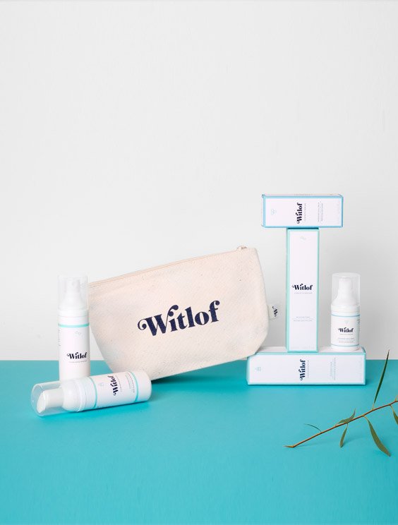 Prøv & rejsesæt - Toilettaske i bomuld + mousse 50 ml, toner 50 ml og ansigtscreme 15 ml