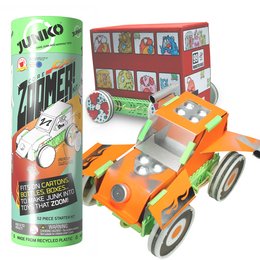 A colorful, toy car-shaped kit with various parts and accessories for kids to assemble and play with. The kit includes a cylindrical container, an orange toy car, and various other components.