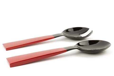 Large black horn cutlery with wooden red lacquered triangular handle