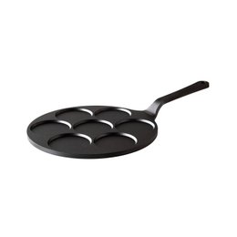 Black non-stick mini pancake pan, round shape, 24 cm diameter, long handle, multiple circular molds