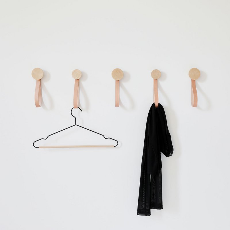 Round Beech Wood Wall Hook / Hanger with Leather Loop