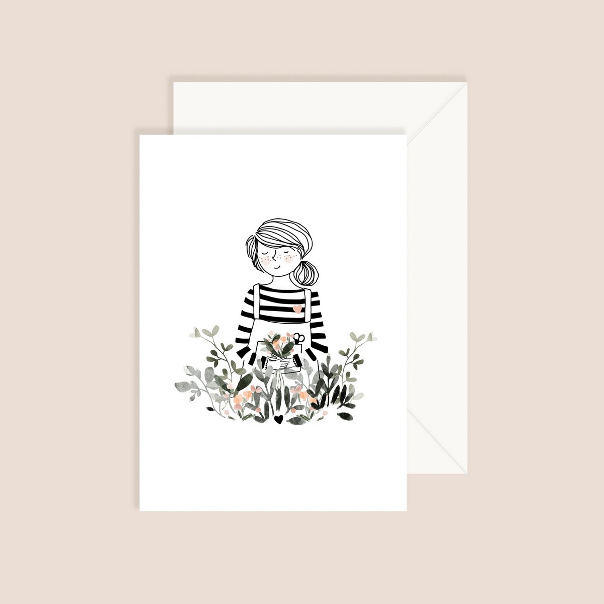 Card These Few Flowers - Girl with Bouquet of Flowers Striped Blue Pullover and jumpsuit