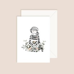 Striped blue pullover and jumpsuit, girl with bouquet of flowers, floral illustration