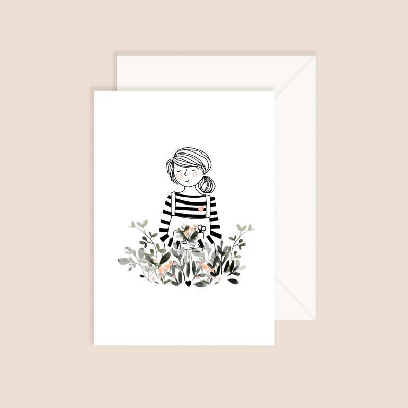 Card These Few Flowers - Girl with Bouquet of Flowers Striped Blue Pullover and jumpsuit