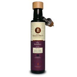 A rich, sweet balsamic vinegar infused with the natural flavor of figs, packaged in a bottle with a convenient spout for easy pouring.
