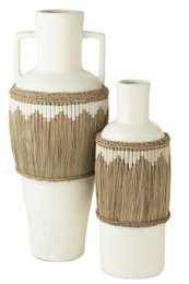 J-Line Vase+Poignées Motif Terre Cuite/Herbe Blanc/Naturel